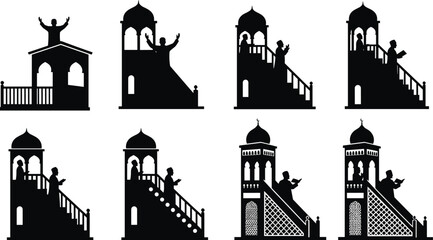  
Minbar silhouette, Islamic sermon, Muslim speaker, religious pulpit, mosque architecture, spiritual guidance, vector art, flat design, cad drawing flat vector illustration
