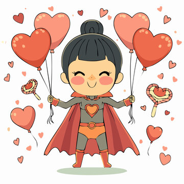 A cartoon superhero girl holding heart-shaped balloons and lollipops surrounded by hearts