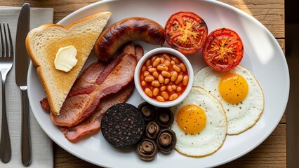 Traditional English Breakfast on White Plate.