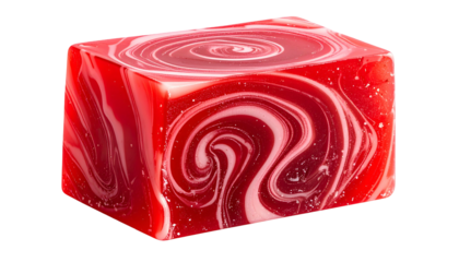 Cube of swirled red and white confection, translucent with a marbled pattern