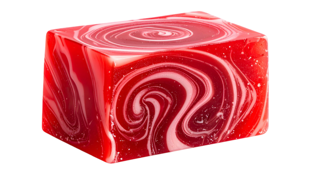 Cube of swirled red and white confection, translucent with a marbled pattern - Powered by Adobe