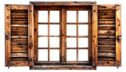 Rustic wooden window with open shutters. Gridded panes and detailed wood grain