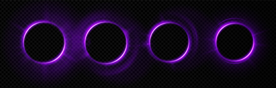 Halo aura purple light flare circle fantasy neon 3d space. Round sparkle abstract vector with bright energy color and portal design. Electric magic sphere with tech solar glow or dark digital.