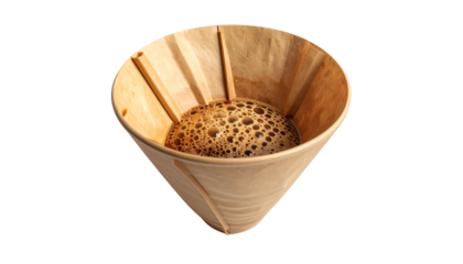 Close-up of coffee brewing in a paper filter, surrounded by a black background
