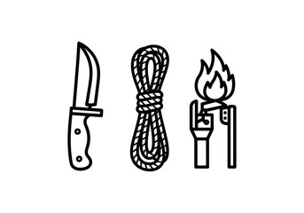 Vector Ilustration Concept Minimalist survival and camping tool icons - a fixed-blade knife, coiled rope, and a ferro rod fire starter.