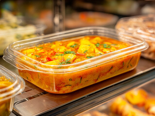 Moqueca in plastic trays prepared to heat and eat in the supermarket.