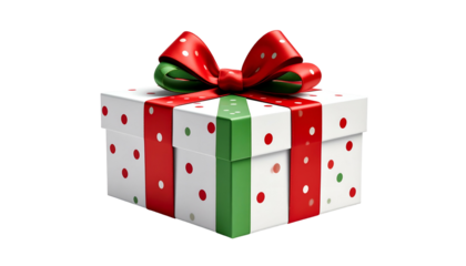 A wrapped gift box with red and white polka dots, accented with a large red bow on black