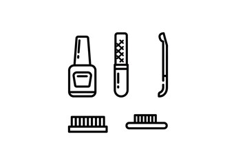 Set of tools for repair Minimalist line art icons of essential nail care tools - polish, file, pusher, brushes.
