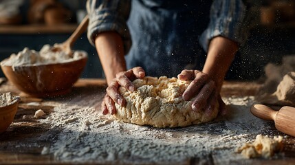 Close-up of person's hands kneading dough on a wooden surface dusted with flour