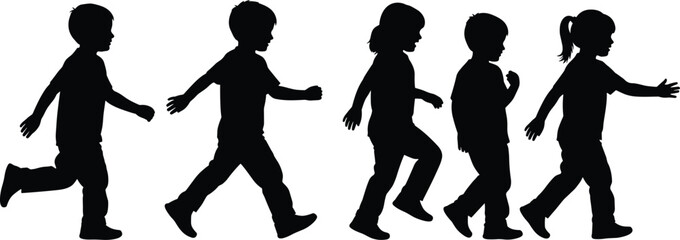 Children walking silhouettes sequence, kids movement progression illustration, boys and girls outline figures, childhood activity concept, black shadow people, lifestyle motion design © SHAHARIAR