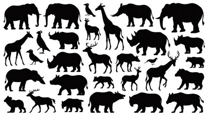 Fototapeta premium A black and white silhouette illustration of various African and safari animals arranged on a white background