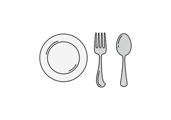 Vector Ilustration Concept Minimalist Plate, Fork, and Spoon Illustration in Gray Outline.