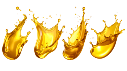 Set of dynamic oil splashes in golden hues, captured in motion, isolated on a white background
