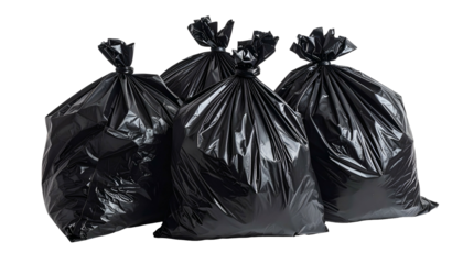 Four full black plastic bags, tied at the top, against a transparent background