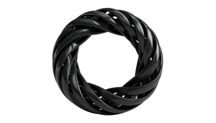 Dark, twisting, reflective bands form a circular shape on a black background