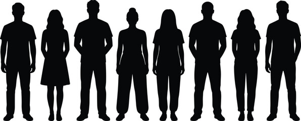 Row of diverse men and women silhouettes standing front view full body isolated white background community diversity concept illustration © Arman