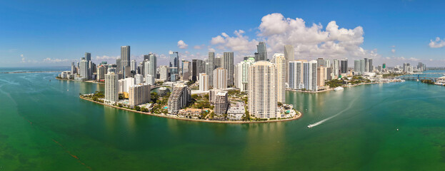 Fototapeta premium Aerial view of Brickells skyline. Panoramic cityscape of Brickell Miami. Skyscrapers of Brickell. Scenic view of the Brickell financial district. Brickell in Miami Beach.