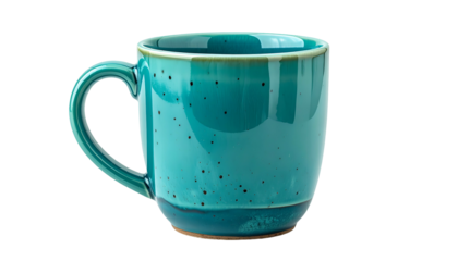 Turquoise ceramic mug with handle, speckled, isolated on black background, showcasing detail
