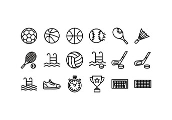 Vector Ilustration Concept Minimalist Outline Sports Icons Collection with Balls, Rackets, Pools, and Trophies.