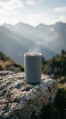 Gray ceramic mug filled with steaming beverage sits on rocky surface, surrounded by majestic mountains, symbolizing digital detox and connection with nature