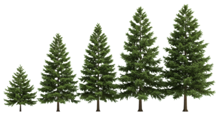 five photorealistic fir trees in a height gradient, showcasing dense green needles and brown bark texture, perfectly aligned against a transparent studio background. concept for commercial nature