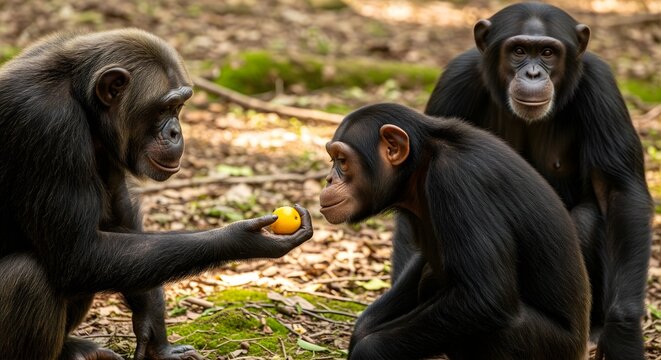 Chimpanzee sharing fruit between each other in jungle shows bonding between apes with shallow depth of field featuring primate offering food and friendly gesture