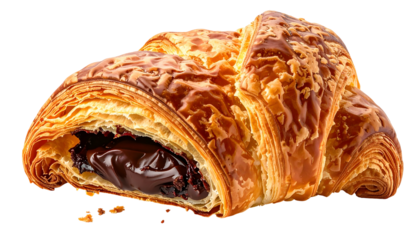 Flaky, golden croissant sliced open, revealing a rich, dark chocolate filling