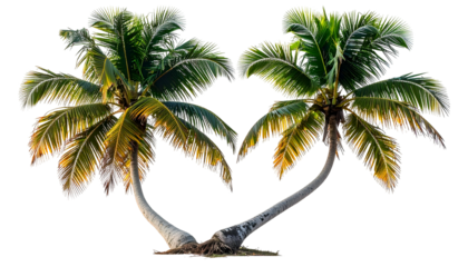 Two leaning palm trees form a heart-like shape against a black background