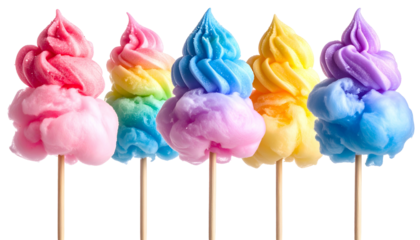 Vibrant cotton candy creations on sticks, a colorful array against black