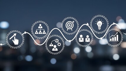 Business strategy and planning icons in a cityscape at night