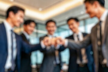 Blur image of business teams hands clasped together in a fist bump, showcasing their camaraderie and unity. The image captures the essence of teamwork and collaboration in a professional setting.