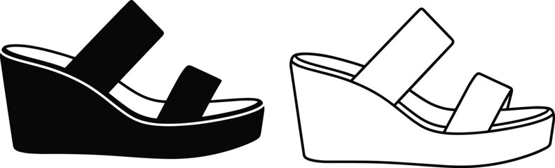 Black and white wedge sandal icon set featuring silhouette and outline styles for fashion, footwear, summer, and design themes