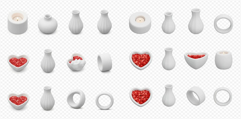 Set of ceramic white vases, bowls, and candle holders with red hearts and candles.