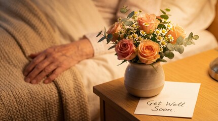 A compassionate display of care and support, this touching scene depicts a floral arrangement and a Get Well Soon message placed beside the bed of someone who is unwell, representing comfort and hope.