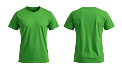 Front and back views of a plain, green, crew-neck short-sleeved t-shirt on a black backdrop