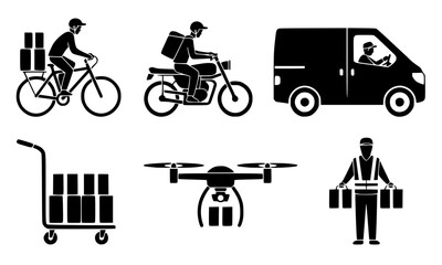 Logistics and delivery service icon set, vector silhouettes of courier on bicycle, motorcycle, delivery van, shipping drone, freight trolley, and warehouse worker carrying packages