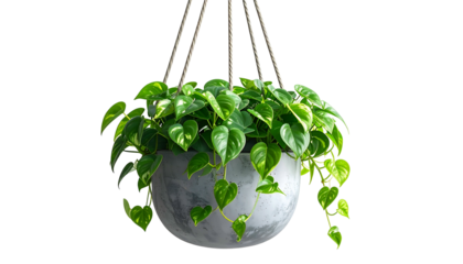 Lush green heart-shaped leaves spilling from a gray hanging planter, against a black backdrop