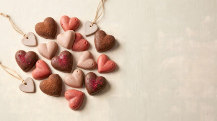 Assorted heart shaped chocolates and handmade tags on white background with copy space.