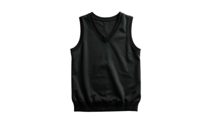 A plain, black, v-neck sweater vest with a ribbed hem against a stark black background