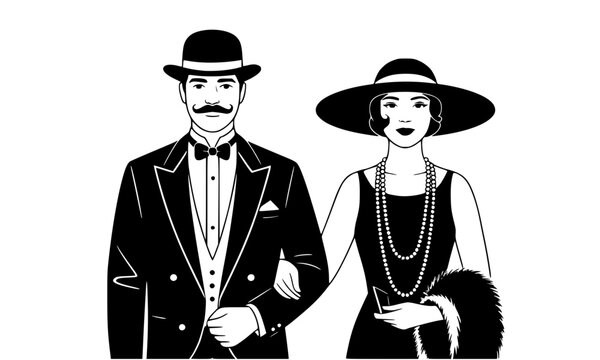 Elegant 1920s vintage couple in Gatsby style evening wear, man in tuxedo and bowler hat with woman in flapper dress and pearls, classic retro black and white vector illustration on white background