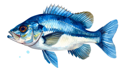 A detailed watercolor rendering of a vibrant blue and white fish, set against a transparent background