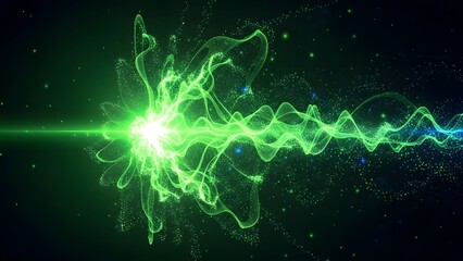 Abstract green energy particle explosion on dark background with glowing trails and bokeh effect