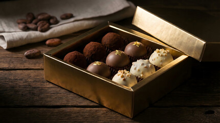 Luxury chocolate truffles in a golden gift box on a rustic wooden table. Premium gift.