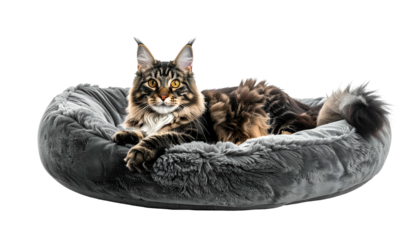 Luxurious Maine Coon cat lounges comfortably in a soft, grey, oval-shaped pet bed