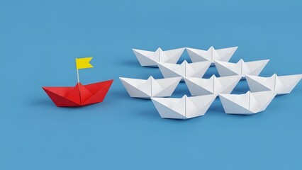 A small red boat with a flag leads a group of white boats