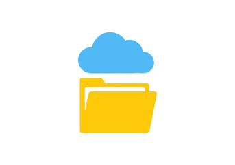 Cloud computing concept Minimalist yellow file folder and blue cloud icon representing digital cloud computing and online document storage.