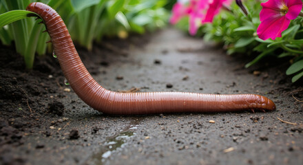 Fototapeta premium Close-up of a long, segmented invertebrate traversing dark earth with wet patches, framed by green foliage and vibrant pink flowers