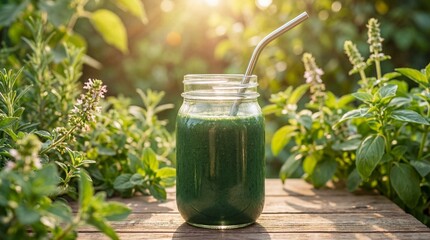 A refreshing green smoothie in a glass jar, nestled amidst lush greenery and bathed in natural sunlight, evokes a sense of healthy living and eco-consciousness. 
