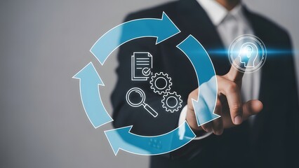 Businessman interacting with digital interface for data analysis and optimization