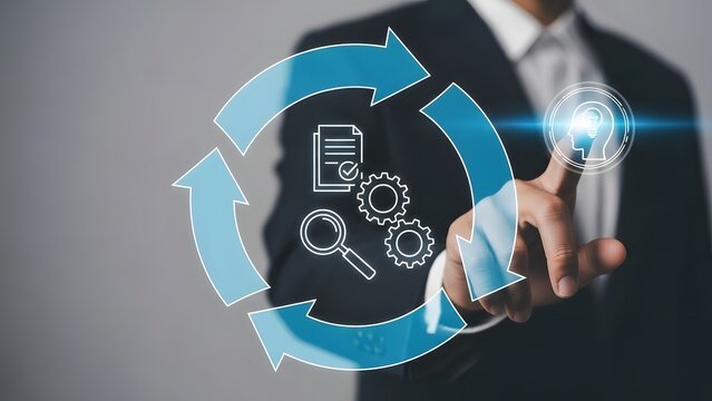 Businessman interacting with digital interface for data analysis and optimization - Powered by Adobe